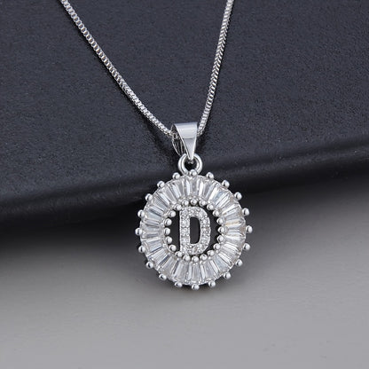 Silver Color Round Small 26 Letters Pendant Necklace Inlaid Zircon Women's Elegant Jewelry Gift