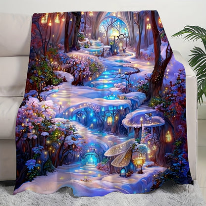 Enchanted Forest Snow Scene Printed Flannel Throw Blanket - Soft Cozy Warm Multipurpose Office, Outdoor Camping Travel Quilt - All-Season Lodge Style Tear & Stain Resistant Polyester Bedding with Quilting Craftsmanship - 1 Piece