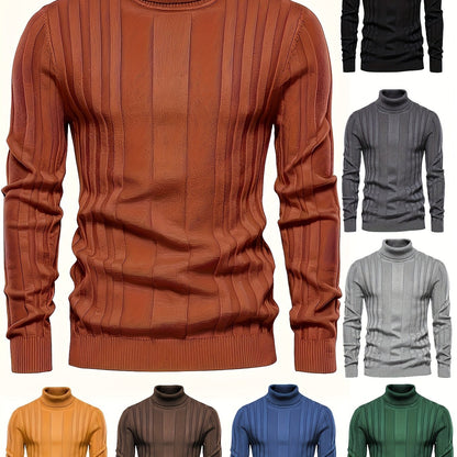 Cozy High Neck Knitted Sweater - Soft High Stretch Polyester Fabric, Long Sleeve, Regular Fit, Machine Washable, Solid Color Pullover for Men - Perfect for Spring and Fall Seasons