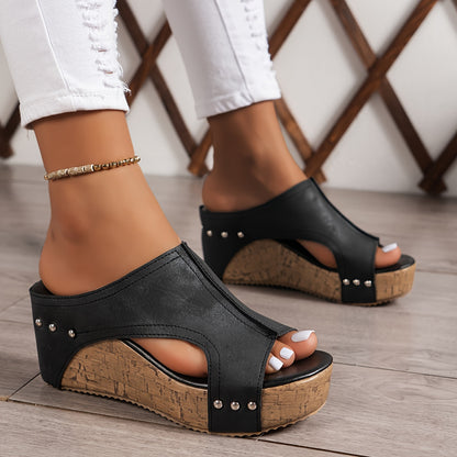 Womens Solid Hue Platform Sandals - Effortless Slip-On, Soft Sole Comfort, Glamorous Studded Decor, Breathable Side Cut Outs, Height-Boosting Wedge - Perfect for Summer