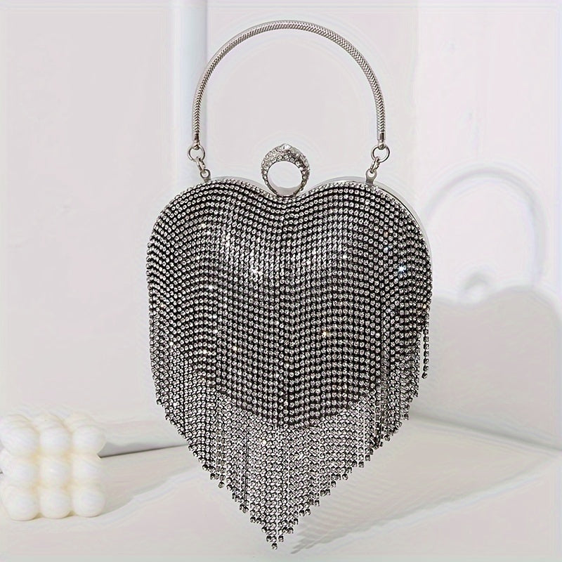 Rhinestone Fringed Heart Shaped Evening Bag, Luxury Shiny Tassel Handbag, Women's Dress Purse For Wedding Party Prom Banquet