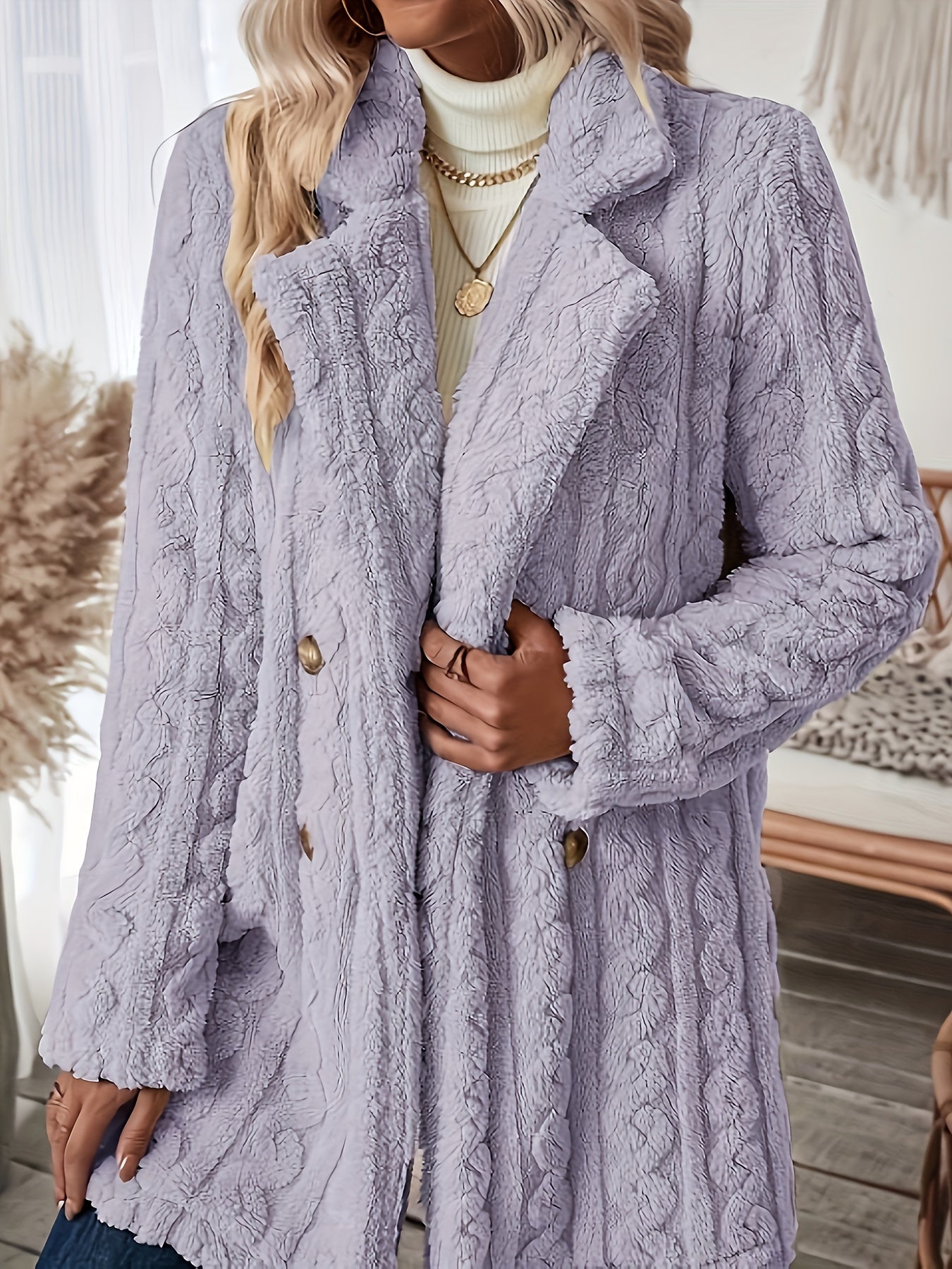 Long Sleeve Textured Thermal Double Breasted Lapel Teddy Coat - Soft Micro Elasticity Polyester Fabric, Versatile Winter Outerwear for Women - Hand Washable, Solid Color, Middle East Style, Fall/Winter Season, Knit Fabric