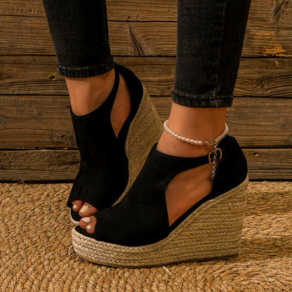 Chic Espadrille Wedge Sandals - Stylish Peep Toe with Cut-out Detail, Adjustable Buckle Strap, Stiletto Heels, and Comfortable Platform - Perfect Trendy Footwear for Your Summer Holiday