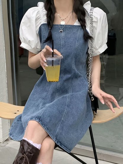 Vibrant Womens Denim Dress - Relaxed Fit, Trendy Patch Puff Sleeve, Short Sleeve, Solid Color, Versatile for Multiple Styling Options - Inspired by Street Fashion, Perfect for Summer Outings