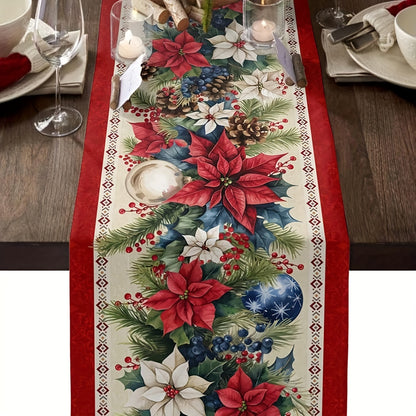 Christmas Poinsettia Linen Table Runner - Red, Festive Winter Decor for Holiday Dining & Kitchen