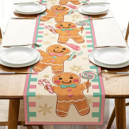 1pc, Christmas Gingerbread Man Table Runner, Pink Xmas Holiday Peppermint Candy Linen Tablecloth, Rectangular Burlap Home Decor, Indoor & Outdoor Party Supplies, Woven Cover, Kitchen & Dining Room Decor