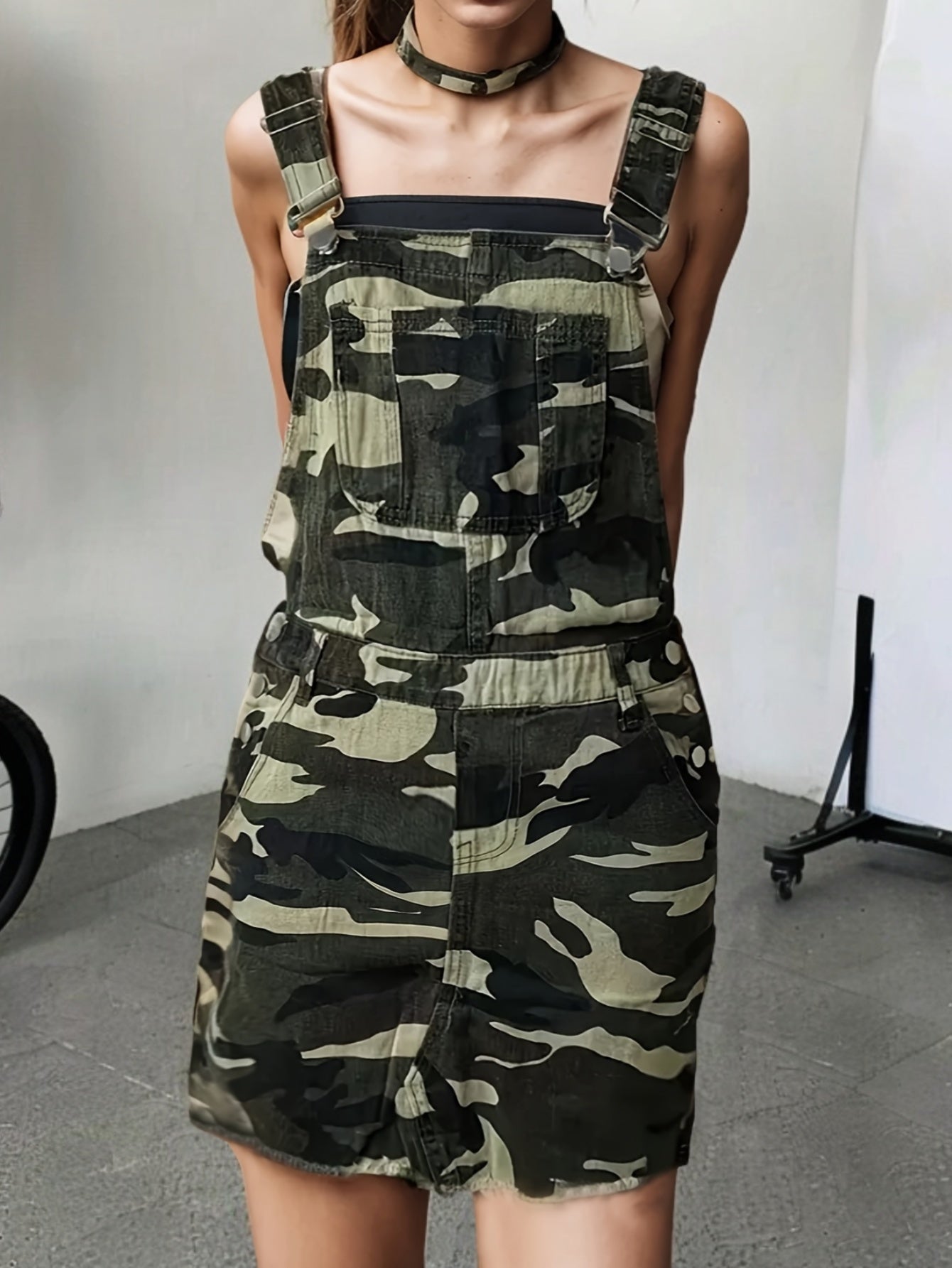 Camo Print Patch Pocket Denim Overall Dress, Adjustable Strap Raw Hem Casual Denim Dress, Women's Denim Jeans & Clothing