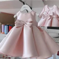 Pink Satin Flower Dresses For Wedding Appliqued Ball Gown Toddler Gowns Tulle Pearls Big Bow Bridesmaid Girl Pageant First Communion Dress 403