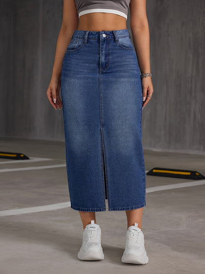 Womens Fashionable Blue Denim Skirt - Timeless Plain Washed Effect, Flattering Slit Hem Design, Midi Length for Versatility, Made from Comfortable Casual Jean Material - Designed for the Modern Woman, Inspired by Street Style Fashion