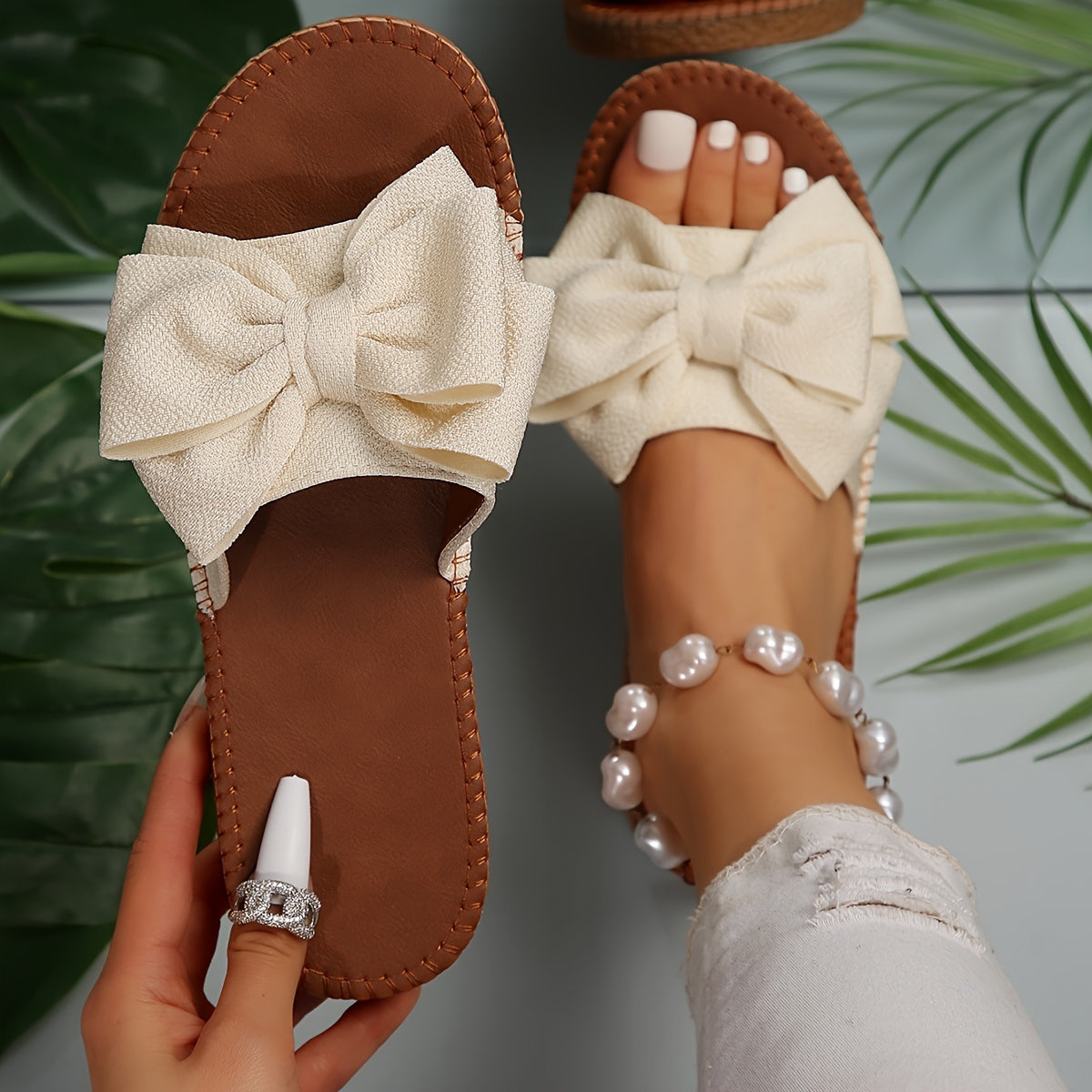 Stylish Bowknot Flat Sandals - Comfy Slip-On Open-Toe Non-Slip Summer Slides with Breathable Design, Soft Insoles, and Adjustable Straps for Women - Perfect Beach Shoes for Vacation and Outdoor Activities