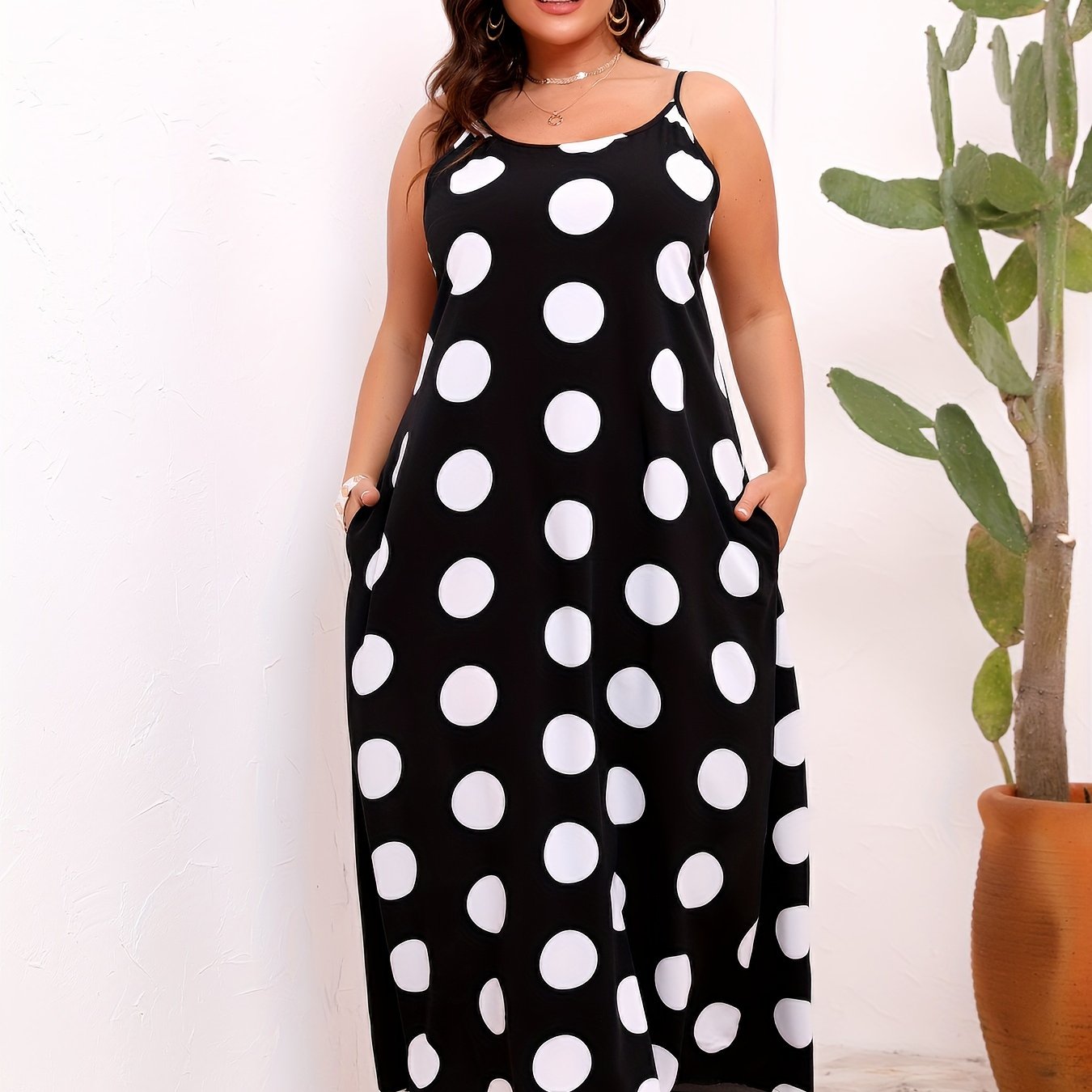 Flattering Plus Size Polka Dot Cami Dress with Pockets - Ankle-Length, Spaghetti Strap, Perfect for Spring & Summer - Comfortable, Stylish Womens Clothing