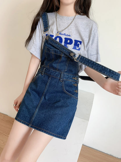 Womens Chic Blue Denim Overall Dress - Loose & Cute Mini Style with Adjustable Straps for Summer Comfort