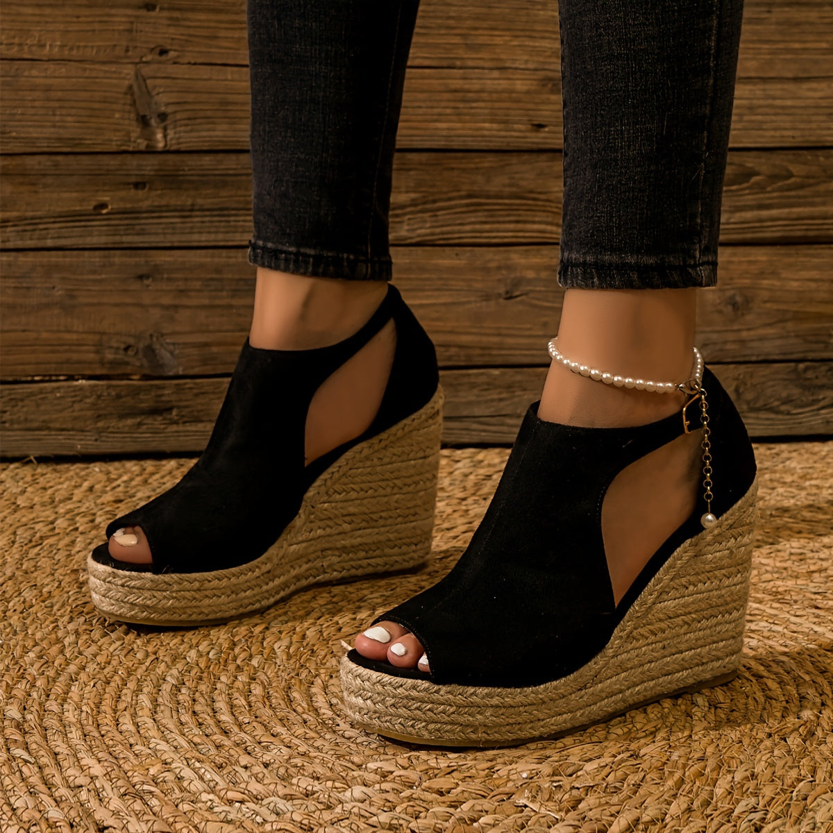 Chic Espadrille Wedge Sandals - Stylish Peep Toe with Cut-out Detail, Adjustable Buckle Strap, Stiletto Heels, and Comfortable Platform - Perfect Trendy Footwear for Your Summer Holiday