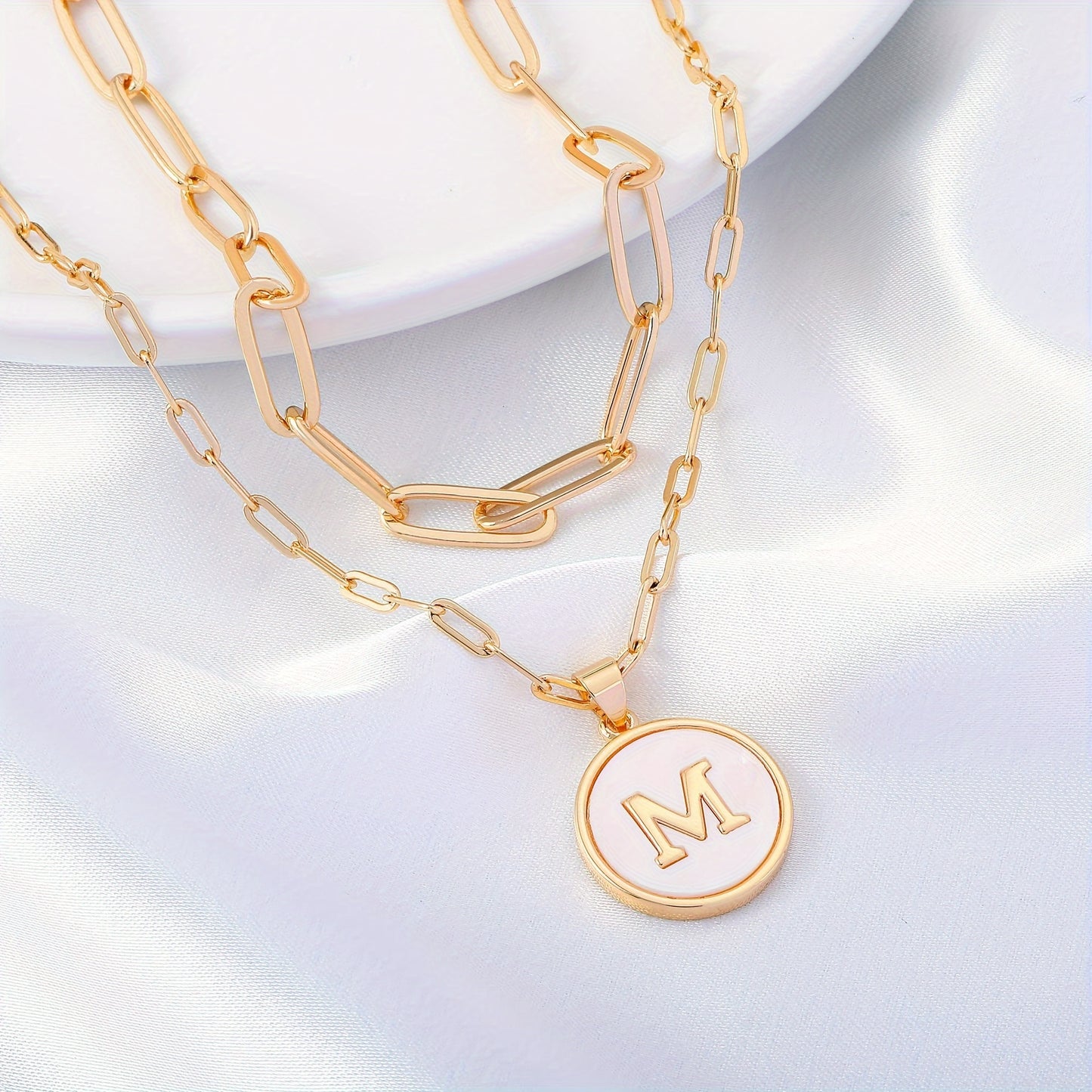 Chic Double-Layered Gold Initial Necklaces - Paperclip Chain with Round Shaped Letter Pendants - Elegant Accessory for Every Occasion