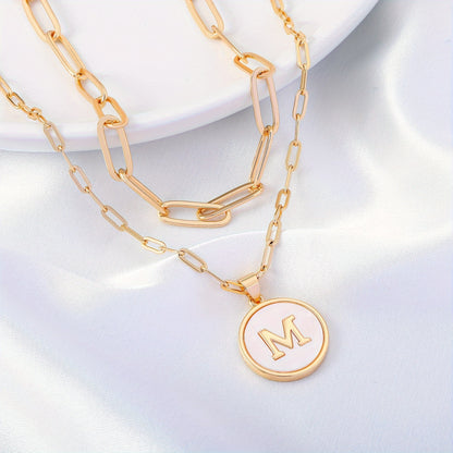 Chic Double-Layered Gold Initial Necklaces - Paperclip Chain with Round Shaped Letter Pendants - Elegant Accessory for Every Occasion