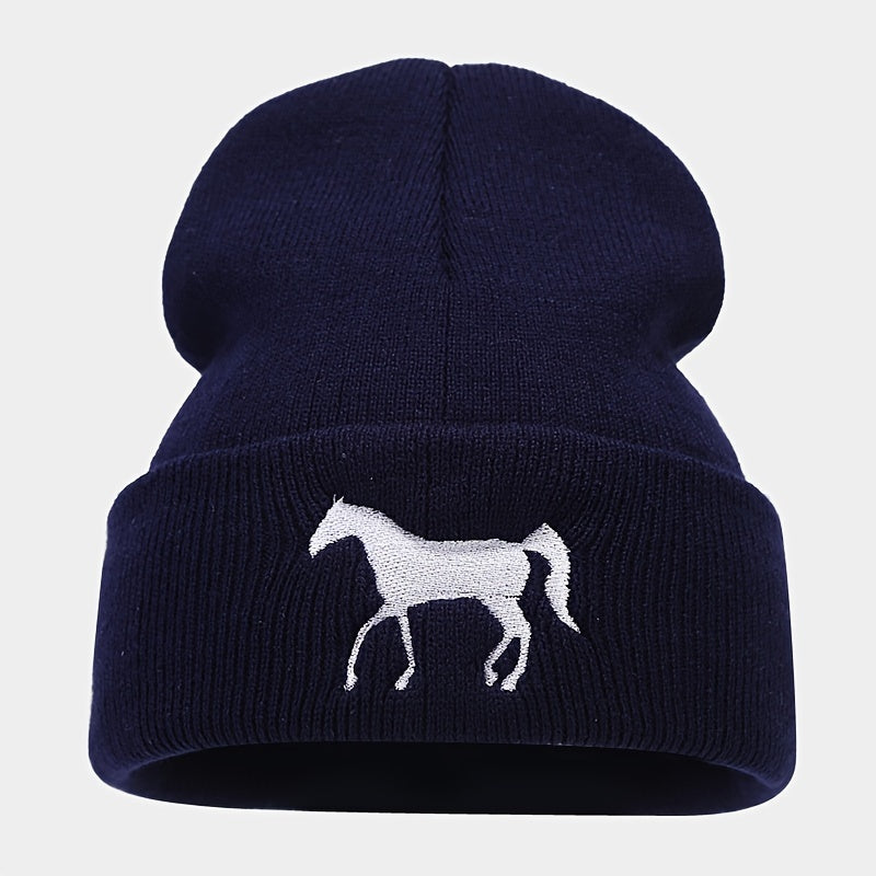 1pc Stylish Horse Embroidery Knitted Beanie Hat - Soft, Warm, and Fashionable for Men and Women Outdoor Activities - Unisex All-Match Design for Casual Wear