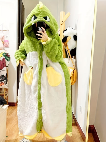 Cute Cartoon Dinosaur Fleece Thickened Night Robe For Fall & Winter, Long Sleeve Hooded Buttons Robe With Pockets, Women's Sleepwear & Dresses