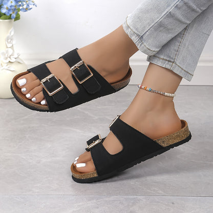 Womens Soft Flannel Double Buckle Slides - Lightweight, Flat Heel, Open Toe, Slip-on Design, PU Sole, Flannel Insole, Perfect for Summer Holidays and Casual Walking