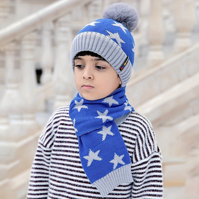 Kids Winter Hat and Scarf Set with Ear Protection, Knit Polyester Fitted Beanie Cap with Pom-Pom and Matching Striped Neck Warmer, Toggle Closure, Hand Wash, Christmas Occasion Themed, for Children Aged 3-14, Perfect for Daily Casual Wear in Fall/Winter