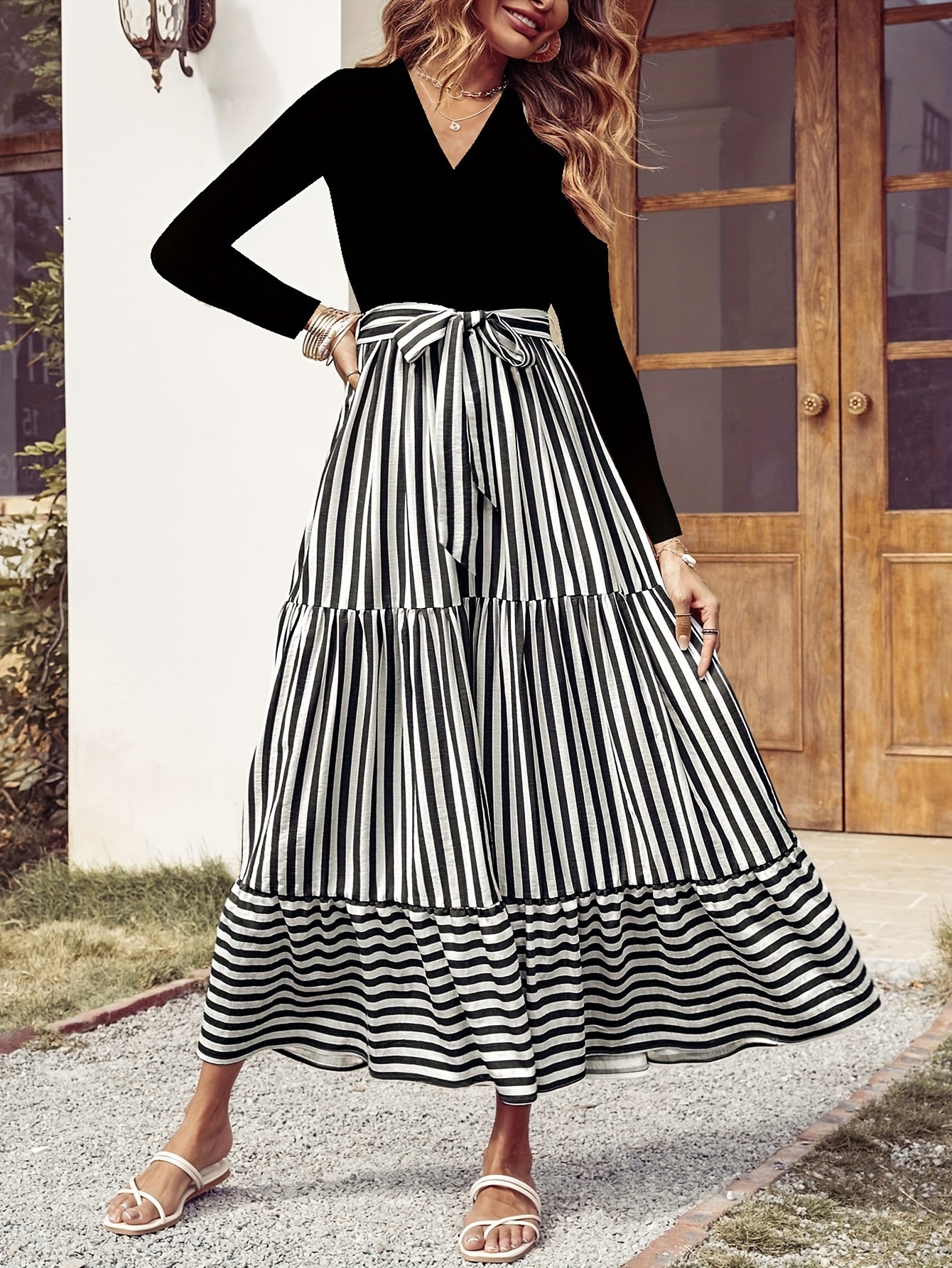 Vibrant Striped Print Maxi Dress - Elegant V Neck, Long Sleeves, Flowy Silhouette, Comfortable Wear, Women's Clothing for Chic Occasions, Formal Events, and Everyday Elegance