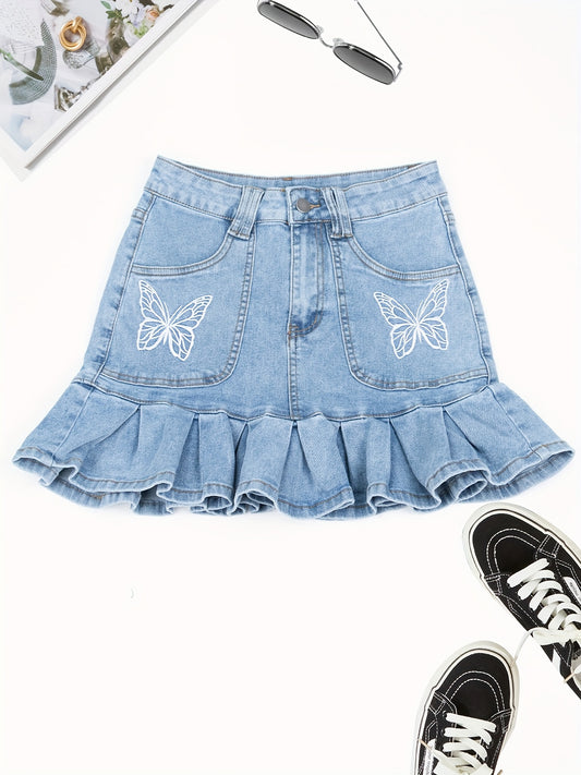 Feminine Embroidered Butterfly Denim Skirt - Stylish High-Waist Mini Skirt with Fluttery Ruffles & Comfortable Fit - Perfect for Summer Fashionistas