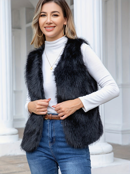 Open Front Fuzzy Vest Jacket, Elegant Sleeveless Vest For Fall & Winter, Women's Clothing