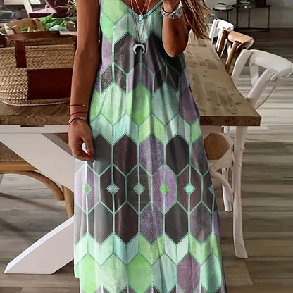 Plus Size Chic Geometric Print Cami Maxi Dress - Flattering Spaghetti Strap V Neckline for Women - Flowy, Casual, and Trendy Long Dress for Summer