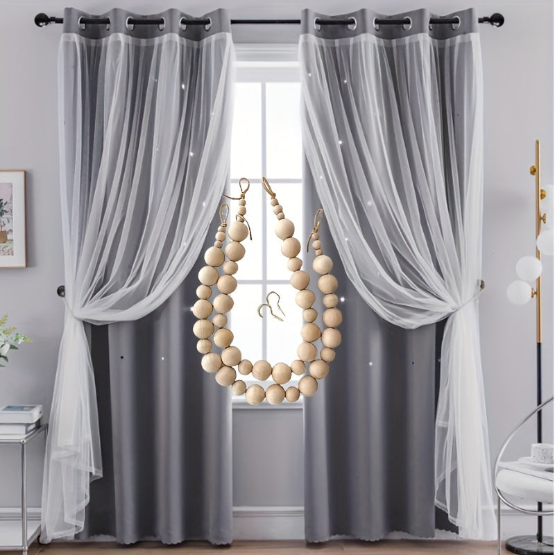 4Pcs Set Of 2 Pieces 41X85 Inch Star Curtain + 2 Pieces Nordic Style Wooden Bead Curtain Strap Double Curtain Bedroom Curtain Blackout Hollow Star Curtain Romantic Curtain