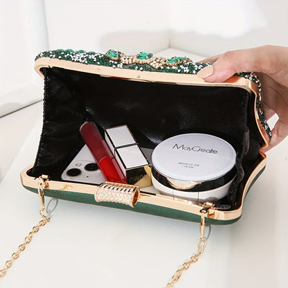 Vintage Ladies Evening Clutch With Rhinestones, PU Cocktail Handbag For Party Prom, Optional Chain Shoulder Strap