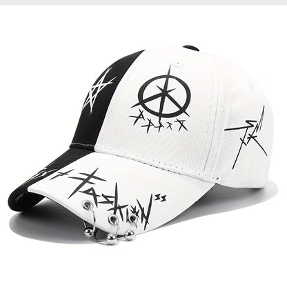 1pc Black And White Stitching Iron Ring Baseball Cap, Cool Versatile Hip-hop Plus Bead Cap