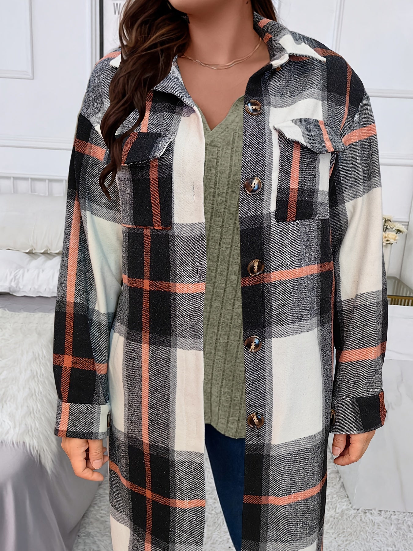 Cozy Plaid Brushed Jacket - Casual Long Sleeve Mid-length Loose Fit Women's Outerwear for Everyday Wear - Soft, Warm, and Stylish