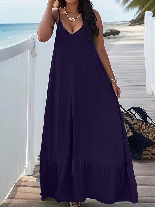 Plus Size Flowy Maxi Dress - Comfy V-Neck Spaghetti Strap with Backless Design - Perfect for Casual Outings