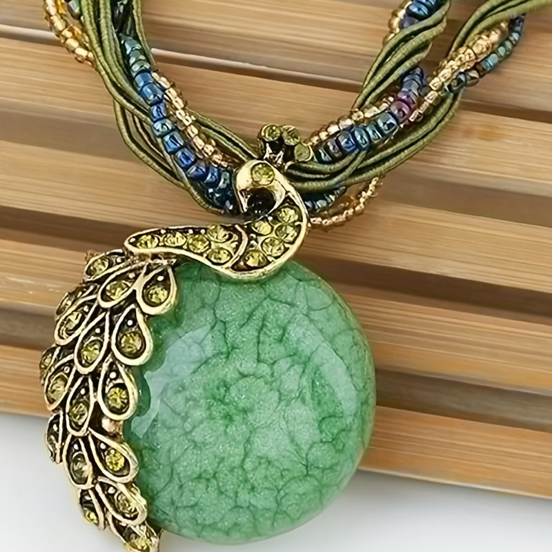 Unique Bohemian Leaf Shaped Peacock Gemstone Pendant Necklace for Women - Vintage Inspired, Alloy Made, No Plating, Perfect for Party Occasions and Valentines Day Gift - Boho Chic, Retro Style, All Season Wear