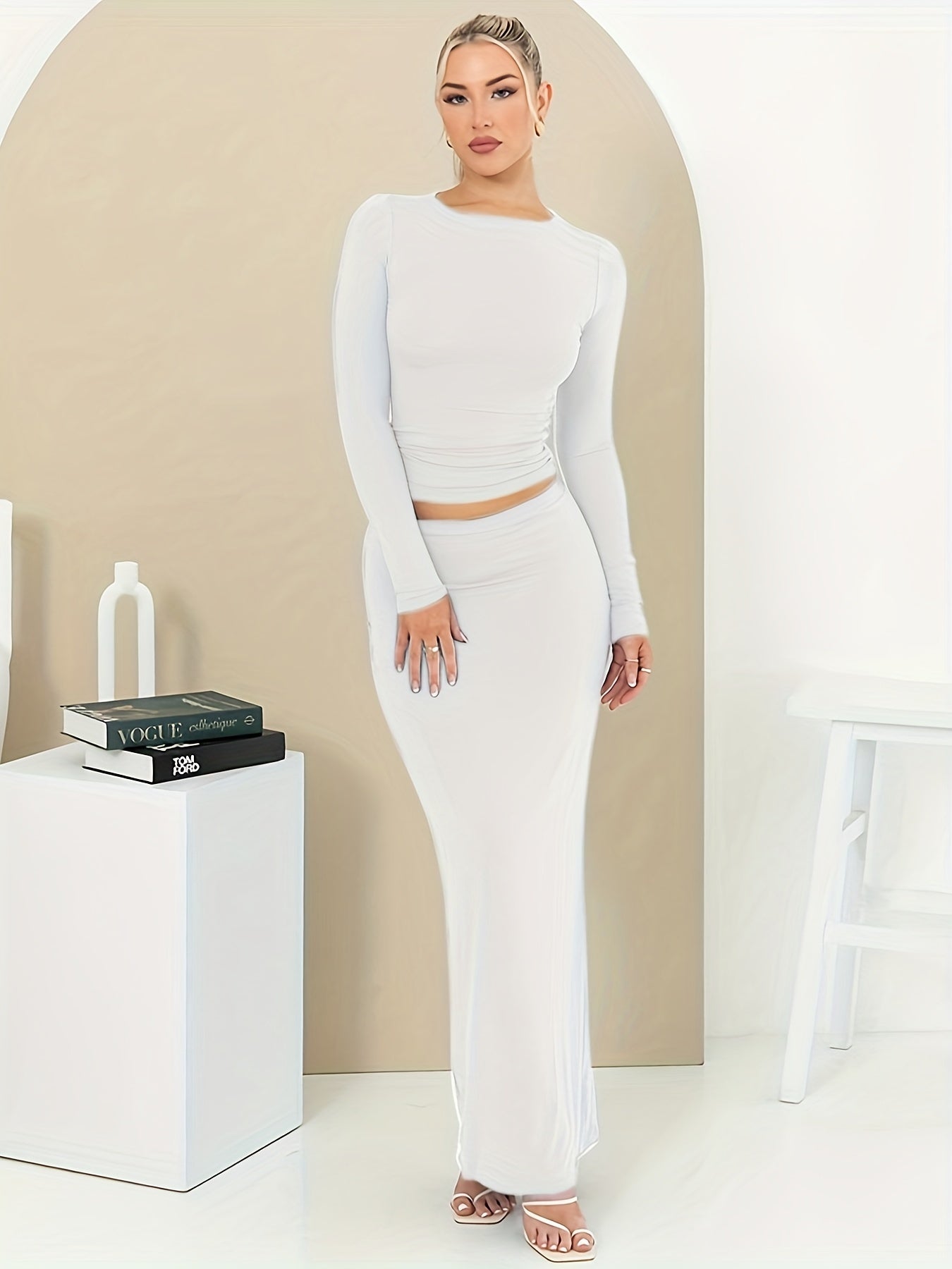 Chic Solid Crew Neck Long Sleeve Top & Slim Maxi Skirt Set - Womens Casual Two-Piece Outfit for Everyday Style and Comfort