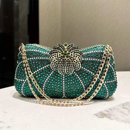 Luxurious Green Clutch Purse, Elegant Evening Bag With Golden Color Chain, Synthetic Material Handbag For Parties And Weddings