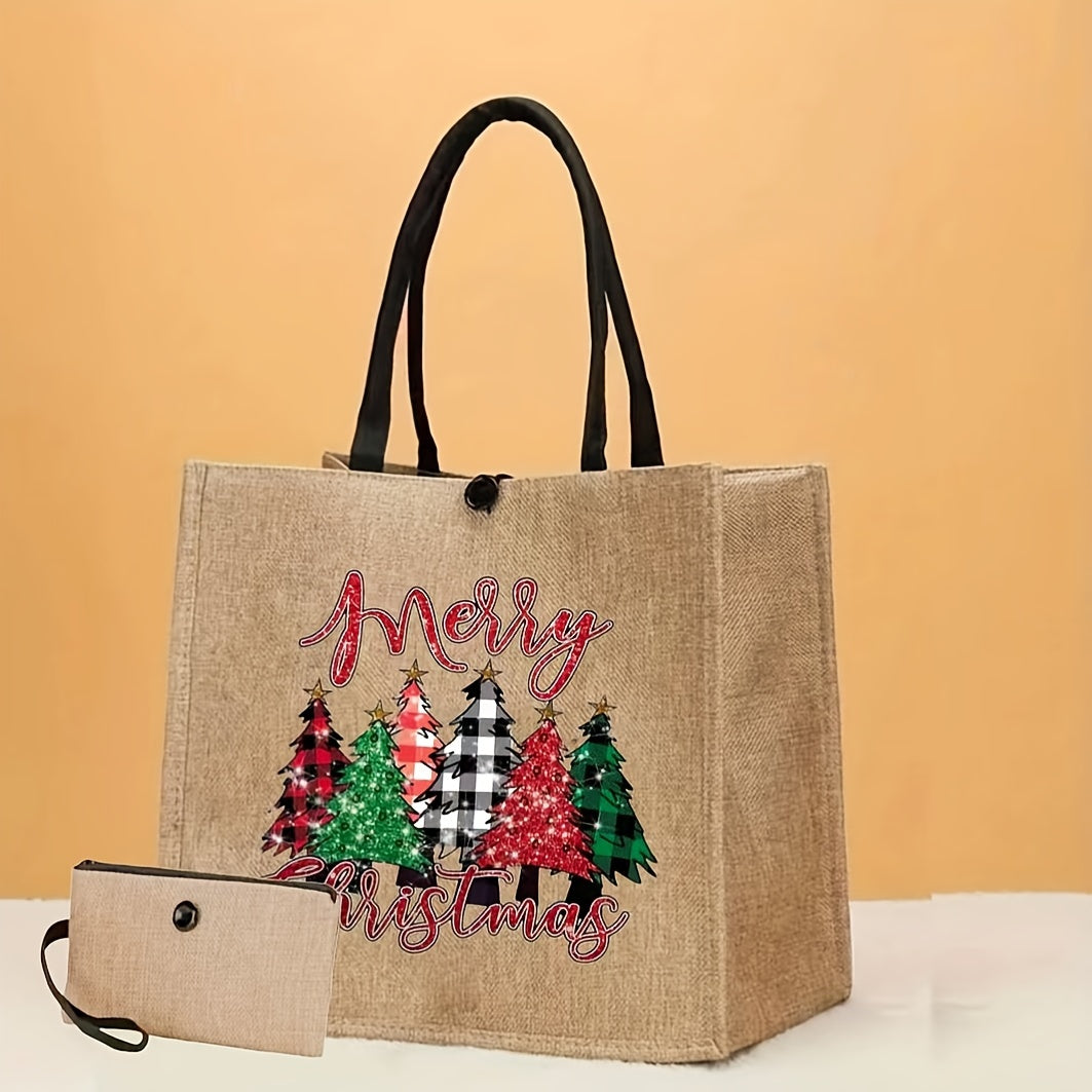 Merry Christmas Gift Bag Set, Fashion Cartoon Print Tote Bag, Large Capacity Shopping Bag With Coin Purse