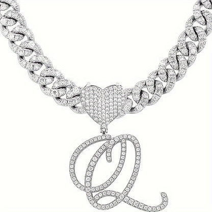 1 Piece Initial Necklace - Durable Cuban Chain with Icy-Cool Ice Chain Design, Heart-Shaped Letter Pendant, and Trendy Hip Hop Style - Unisex Silver Jewelry for Men and Women, Perfect Gift Idea