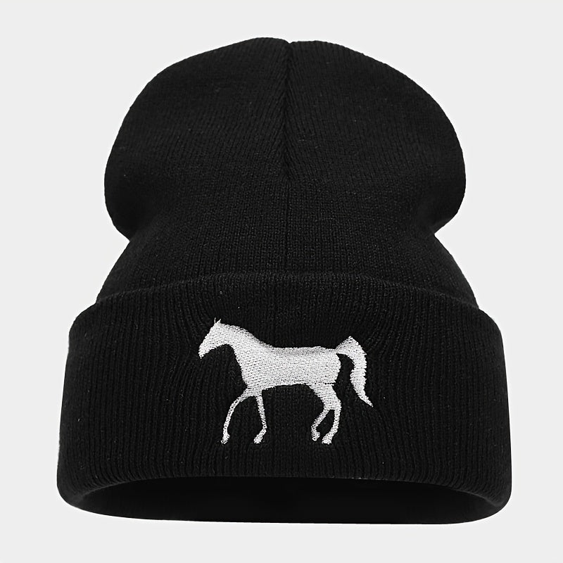 1pc Stylish Horse Embroidery Knitted Beanie Hat - Soft, Warm, and Fashionable for Men and Women Outdoor Activities - Unisex All-Match Design for Casual Wear