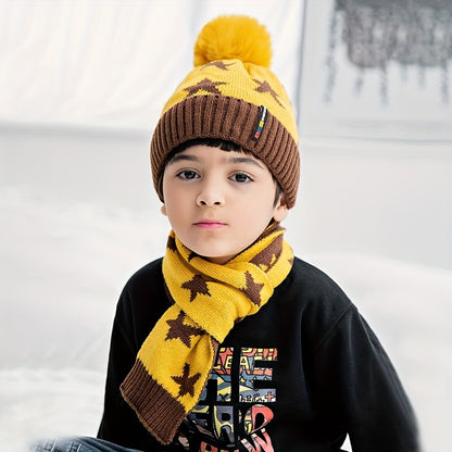 Kids Winter Hat and Scarf Set with Ear Protection, Knit Polyester Fitted Beanie Cap with Pom-Pom and Matching Striped Neck Warmer, Toggle Closure, Hand Wash, Christmas Occasion Themed, for Children Aged 3-14, Perfect for Daily Casual Wear in Fall/Winter