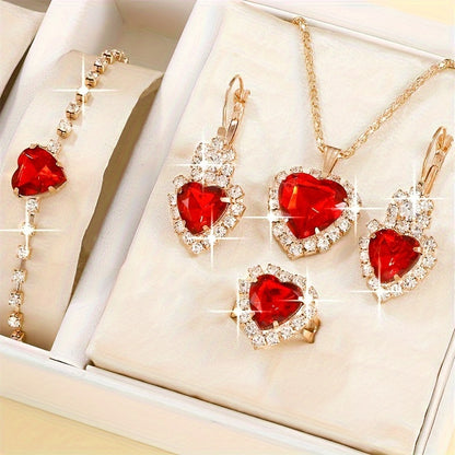 Romantic Coquette Jewelry Ensemble - Sparkling Heart Zirconia Set - Earrings, Necklace, Bracelet, Ring - Black or Red - Complete Accessories Bundle