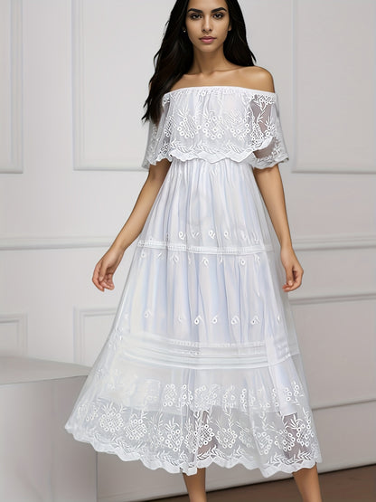 Romantic Off-Shoulder Lace Ruffle Maxi Dress - Flirty Solid Color, Layered Short Sleeves, Perfect for Spring & Summer Vacations - Womens Fashion Clothing