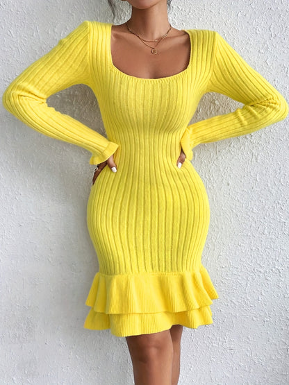 Stylish Ribbed Knit Bodycon Sweater Dress - Elegant Long Sleeve Square Neck, Ruffle Hem, Soft and Cozy, Women's Clothing for Winter, Autumn, and Casual Occasions