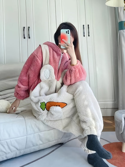 Cartoon Bunny Fuzzy Hooded Night Jumpsuit For Fall & Winter, Cute Long Sleeve Zip Up Pajamas, Women's Sleepwear & Loungewear