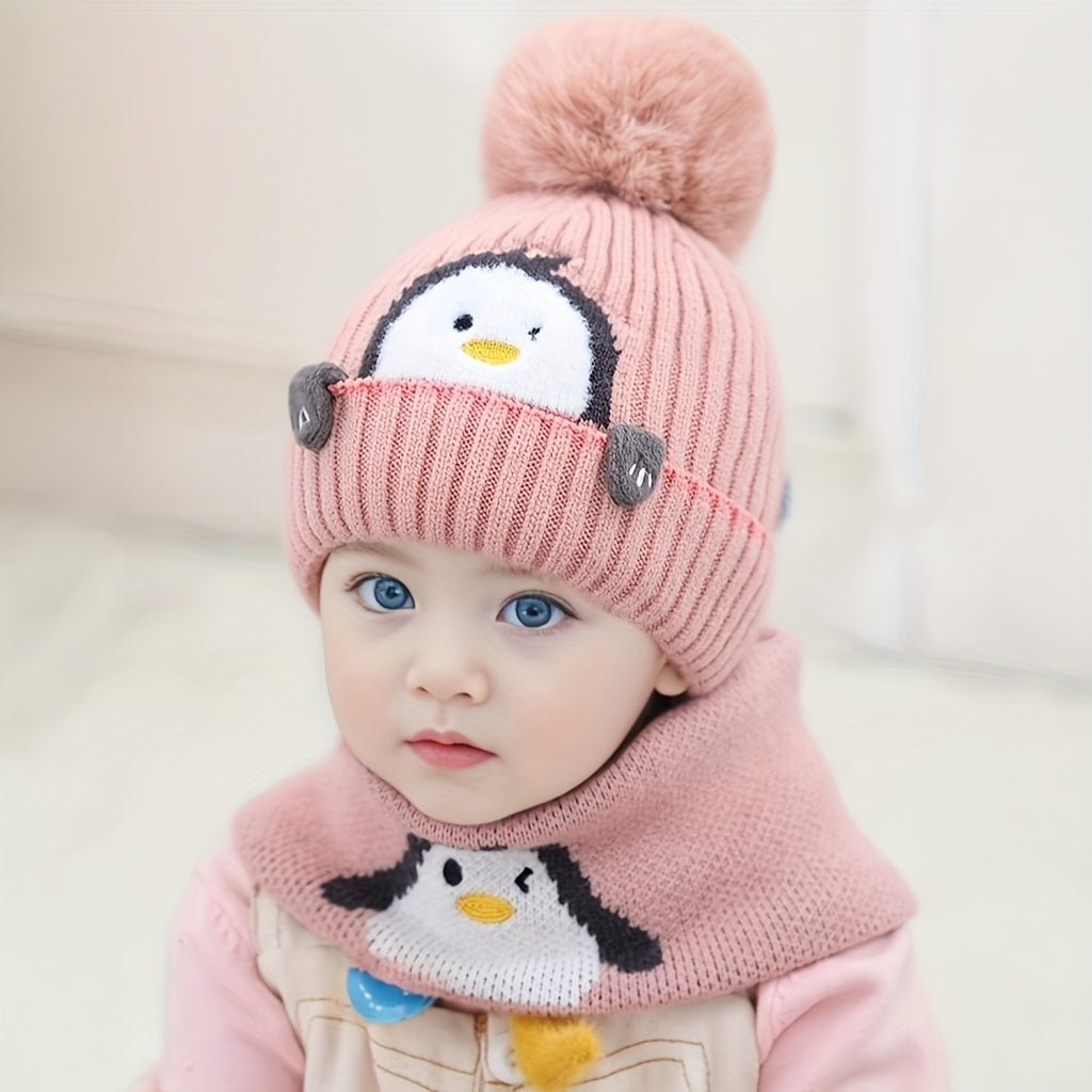 Penguin-Themed Hat & Scarf Combo For Young Ones - Thick, Warm Winter Gear, Ideal For Christmas And Halloween, Suitable For 3 To 14 Years