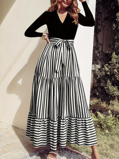 Vibrant Striped Print Maxi Dress - Elegant V Neck, Long Sleeves, Flowy Silhouette, Comfortable Wear, Women's Clothing for Chic Occasions, Formal Events, and Everyday Elegance