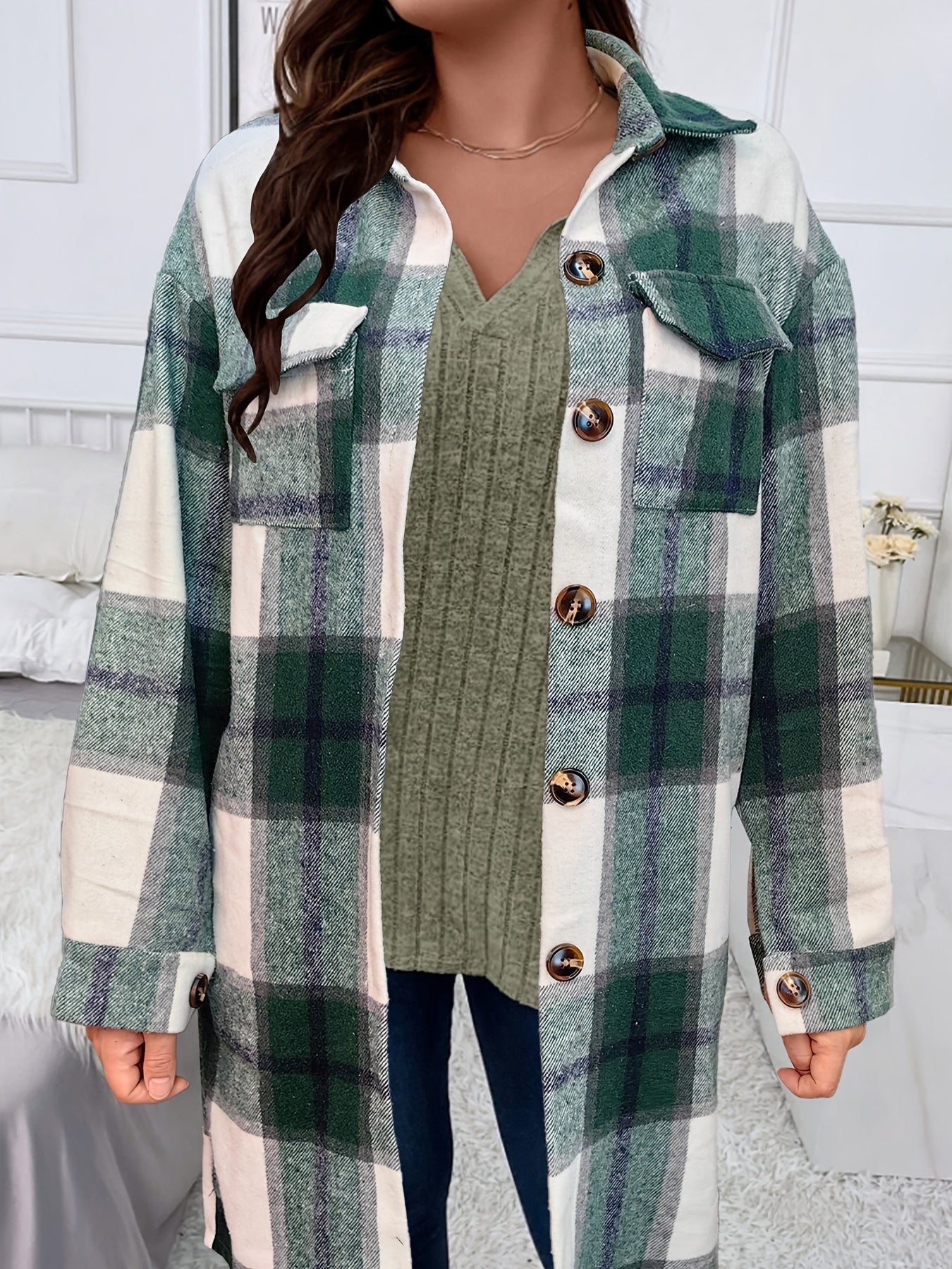 Cozy Plaid Brushed Jacket - Casual Long Sleeve Mid-length Loose Fit Women's Outerwear for Everyday Wear - Soft, Warm, and Stylish