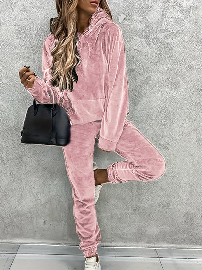 Cozy Two-Piece Outfit Set - Soft Kangaroo Pocket Hoodie and Elastic Waist Jogger Pants with Pockets - Women's Casual Comfortable Clothing for Everyday Wear