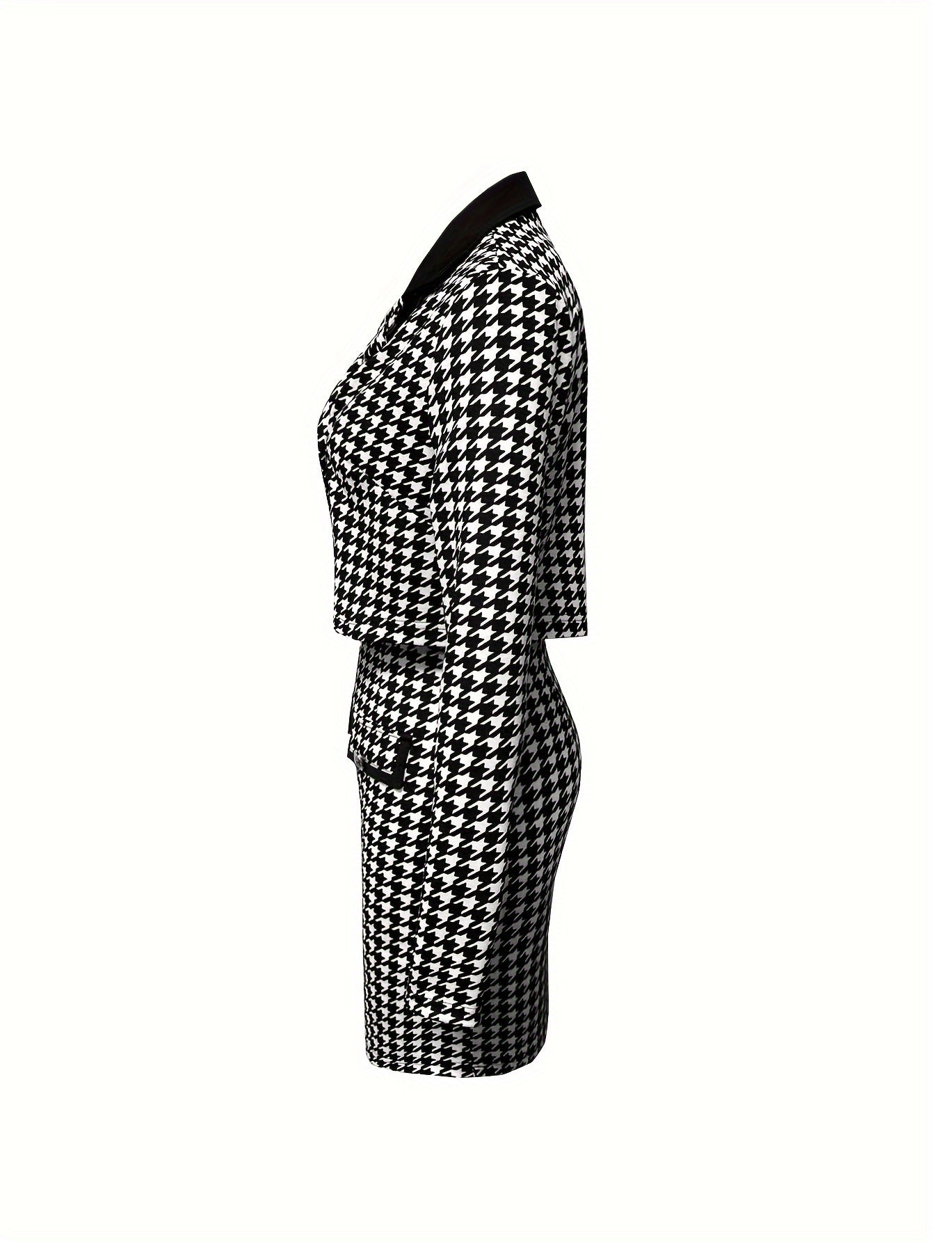 Y2K Houndstooth Two-Piece Outfit for Women - Chic Long Sleeve Open Front Coat & Stylish Slim Button-Detail Cami Dress - Versatile Fashion for Work or Play