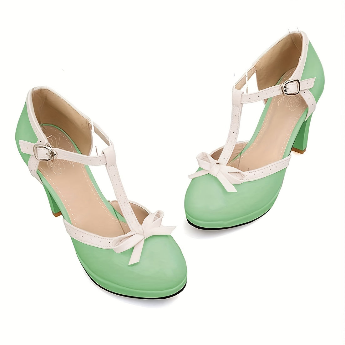 Womens Green T-Strap Pumps with Stylish Buckle & Comfort Foam - Delicate Bow Accent, High Heels, Ankle Height