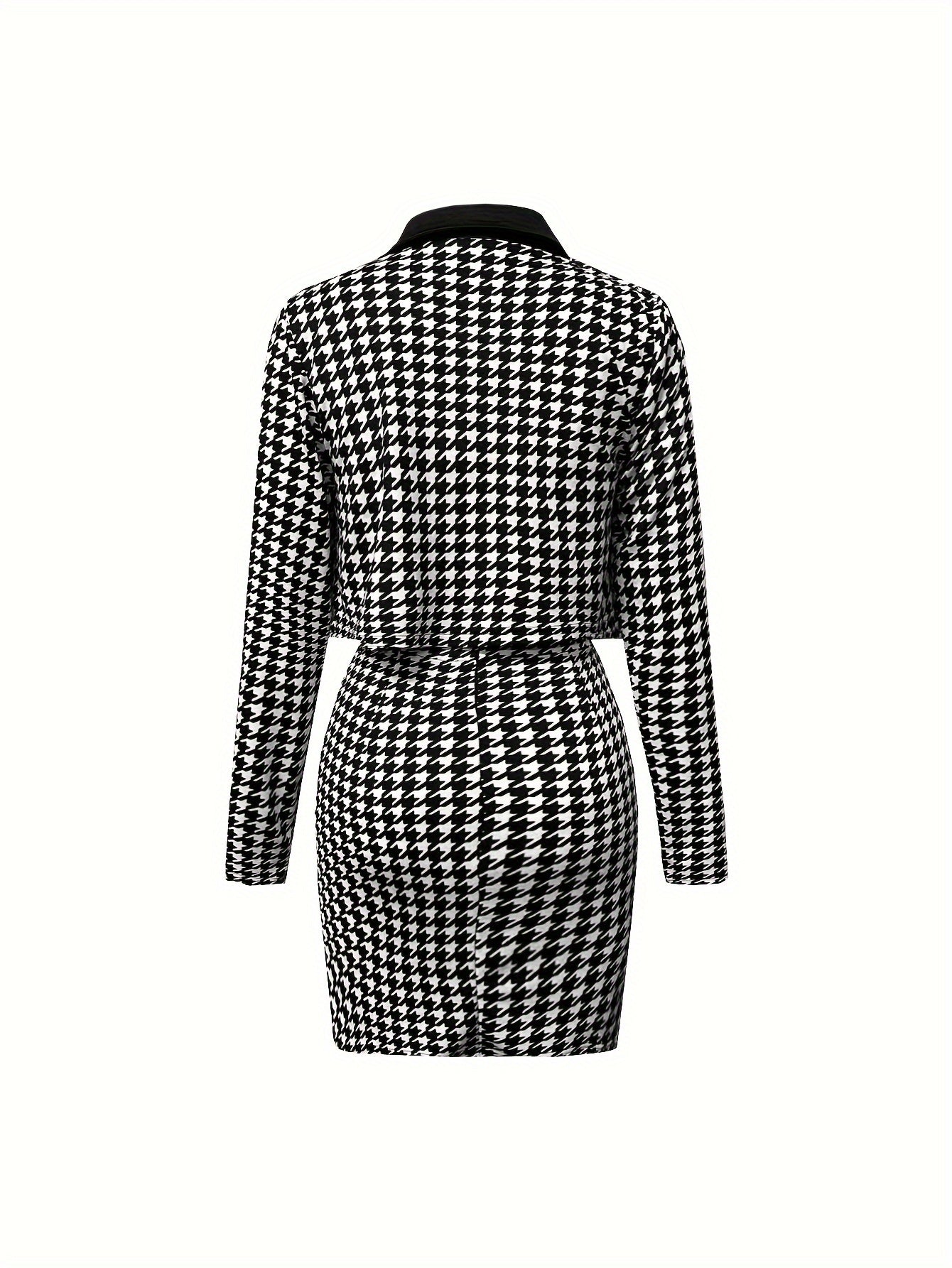 Y2K Houndstooth Two-Piece Outfit for Women - Chic Long Sleeve Open Front Coat & Stylish Slim Button-Detail Cami Dress - Versatile Fashion for Work or Play